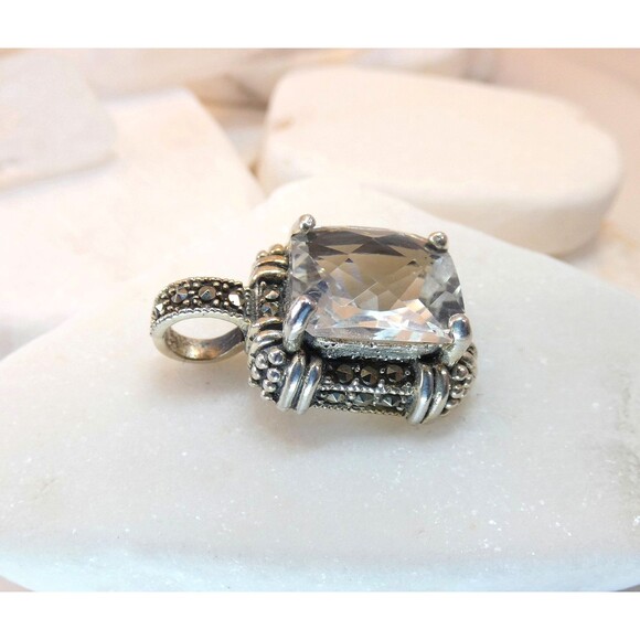 VTG Rock Quartz Crystal Marcasite Sterling Silver Pendant - Picture 3 of 8